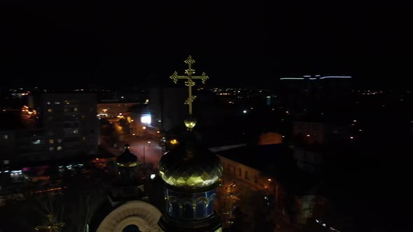 Ukraine City Rivne. Church From Aerial View At Night