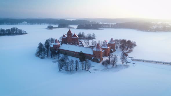 Cinematic Aerial Footage Of Medieval Castle In Winter Landscape