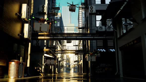 Hexacopter drones delivering packages directly to the client. Sreet in the city. alt