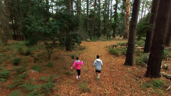 Couple jogging on forest path alt