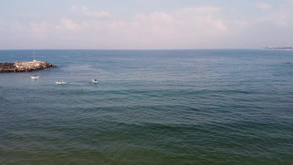 Traditional Sri Lanka Fishing Boats on the Beach. Aerial Drone Footage