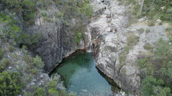Natural pool at Cascatas de Fecha de Barjas in Peneda-Geres National park, Portugal. Aerial view