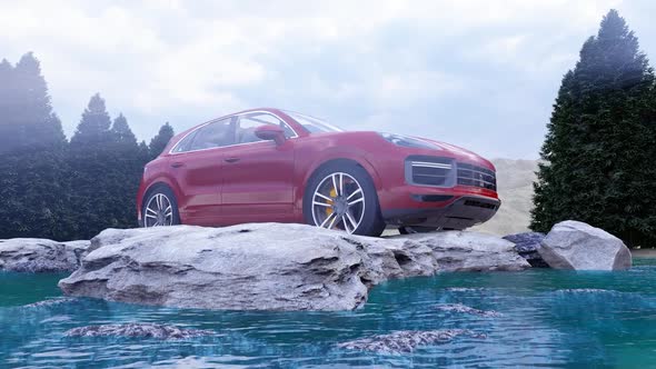 Red Luxury Off-Road Vehicle Standing on Rocks in the Daytime