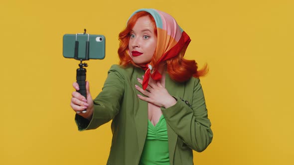 Girl Blogger Take Selfie on Mobile Phone Selfie Stick Communicate Video Call Online with Subscribers alt