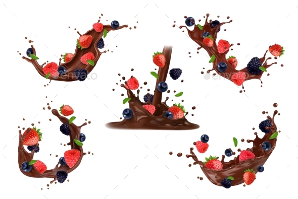 Realistic Chocolate Milk Splash Berries and Drops