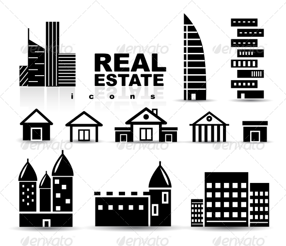 Black Real Estate Houses Buildings Icon Set - Buildings Objects