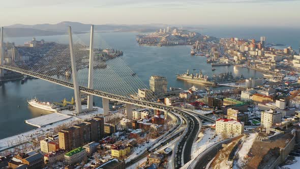 Winter View From a Drone on the Golden Bridge and the City at Sunrise alt
