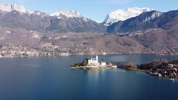 Panoramic Aerial View of Chateau De Duingt on Annecy Lake, France