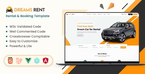 Dreams Rent - Car Rental Booking Management Bootstrap Template (HTML, Angular, Laravel, Vue, React)
