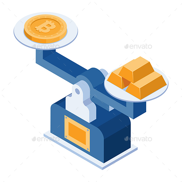 Isometric Bitcoin Equal to Gold on Scale