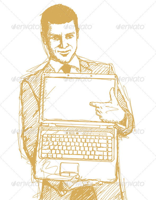 Sketch Businessman With Open Laptop In His Hands - People Characters