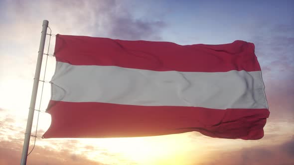 Flag of Austria Waving in the Wind Sky and Sun Background alt