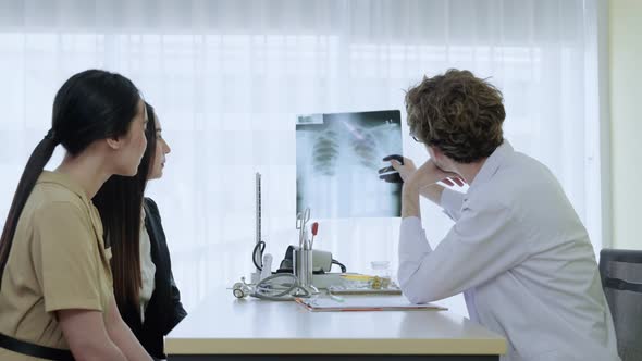 The doctor is explaining the patient's results from the chest X-ray