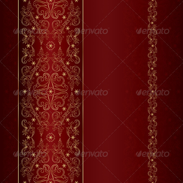 Gold Floral Vintage Seamless Pattern on Red - Backgrounds Decorative
