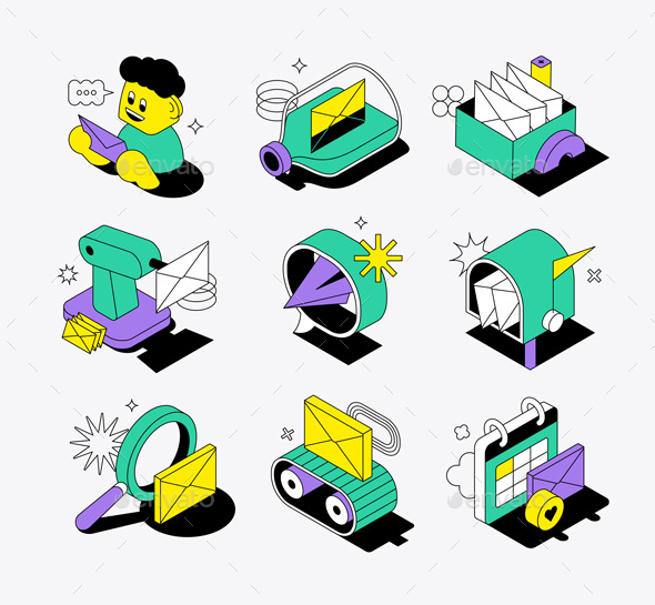 Email and Online Messaging Isometric Illustration in Neo Brutalism Style