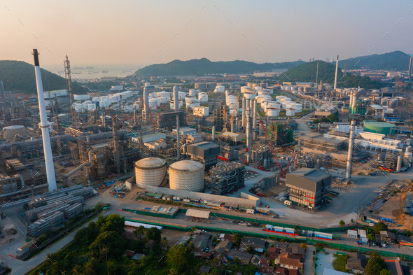 Aerial View Of Petrochemical Oil Refinery And Sea In Industrial ...