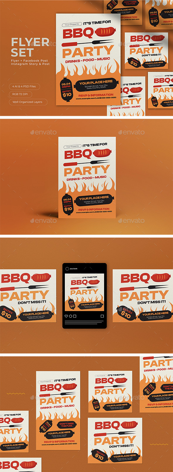 Orange Flat Design BBQ Party Flyer Set