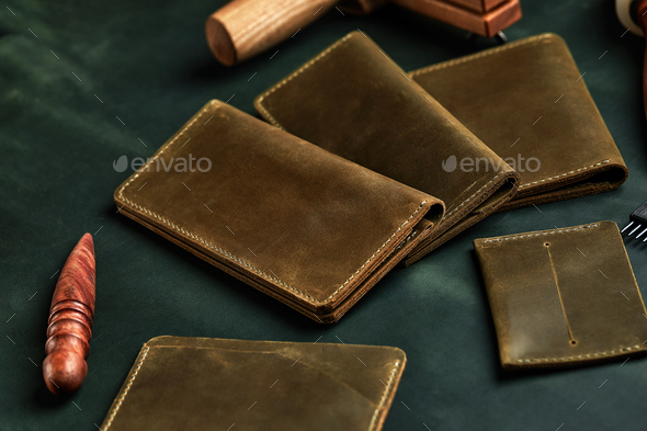 Set of handmade leather goods, key holder rings, wallet, purse, notepad, handbook. Handcrafted