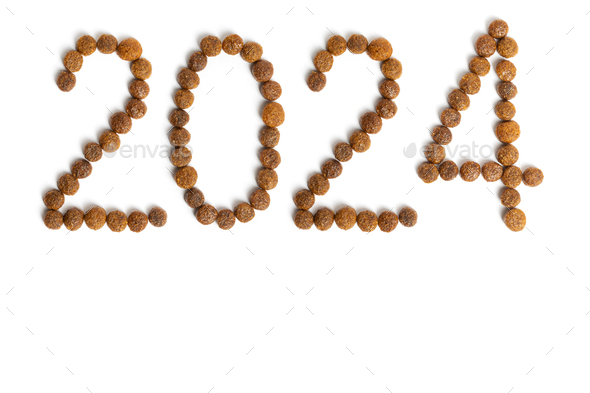 Calendar 2024 from Dry pet food on a white background. Granules of good nutrition for dogs and cats