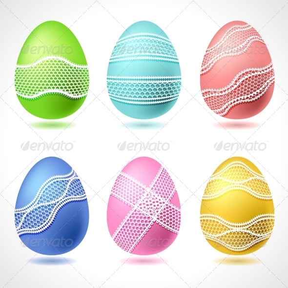 Set of 6 Vector Easter Eggs with Lace Ribbon. - Christmas Seasons/Holidays
