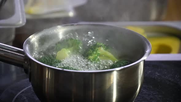 Cook Cooks Broccoli in Boiling Water