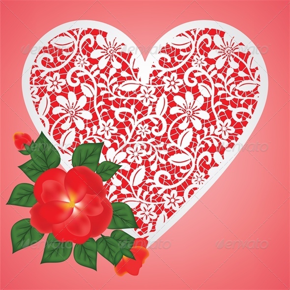 Valentine Card with Rose and Lace Heart - Valentines Seasons/Holidays