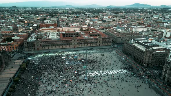 Rotational view from a drone of womans day rights march in Mexico city 2021 alt