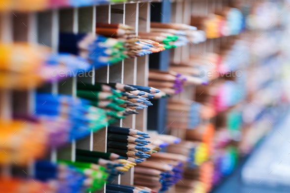 Colorful pencils in art store