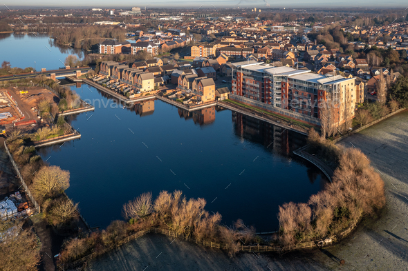Aerial view of exclusive waterfront properties at Doncaster Lakeside in South Yorkshire