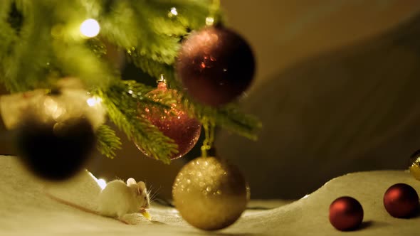 Fluffy White Mouse Eating Cheese, Sitting Among the Decorated Branches of The Christmas Tree.