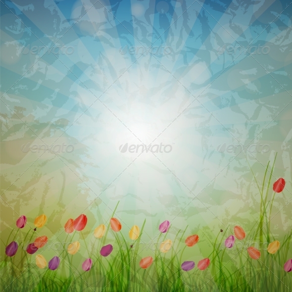 Summer Abstract Background with grass and tulips a - Miscellaneous Vectors