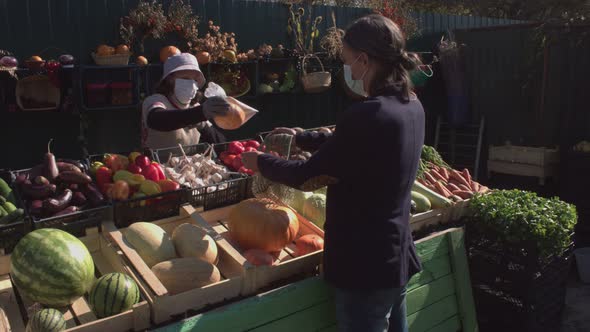 Buying Pumpkins at the Market. Slow Motion 2x.