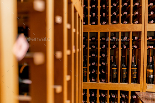 The underground cool wine cellar of winery where aged perennial wine for restaurants is stored