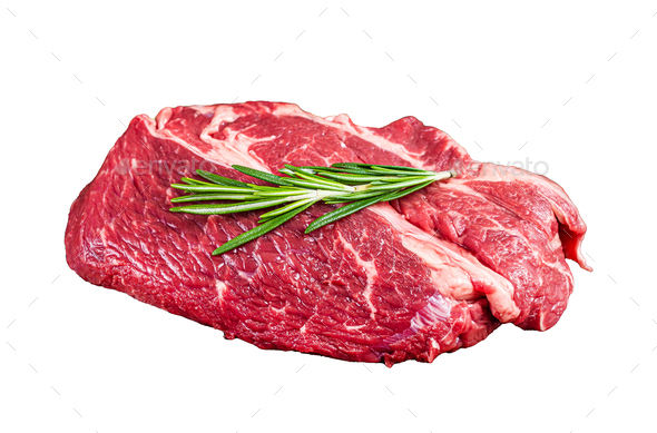 Raw Chuck eye roll Black Angus prime beef steak Isolated on white background, top view.