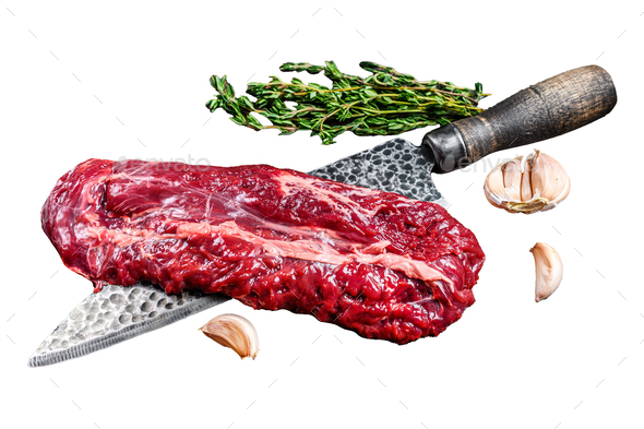 Raw skirt machete beef meat steak on a cutting board with knife. wooden  background. Stock Photo by composter-box