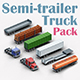 Cartoon stylized 2 semi trucks and 6 types of trailers