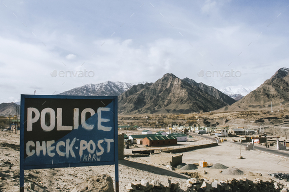 police check post for security and travel service information to Pangong Lake at Leh, Ladakh, India