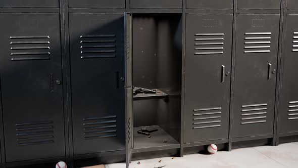 Metal lockers at the school hallway. Handgun and ammunition clip on the shelves. alt