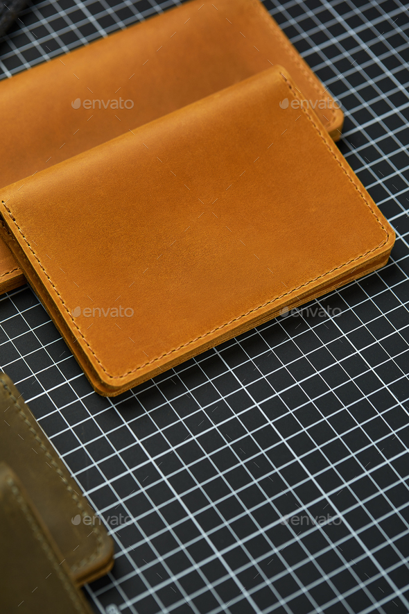 Set of handmade leather goods, key holder rings, wallet, purse, notepad, handbook. Handcrafted