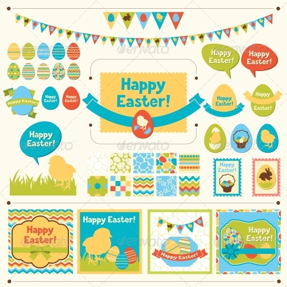 Set of Happy Easter Decorative Elements - Religion Conceptual