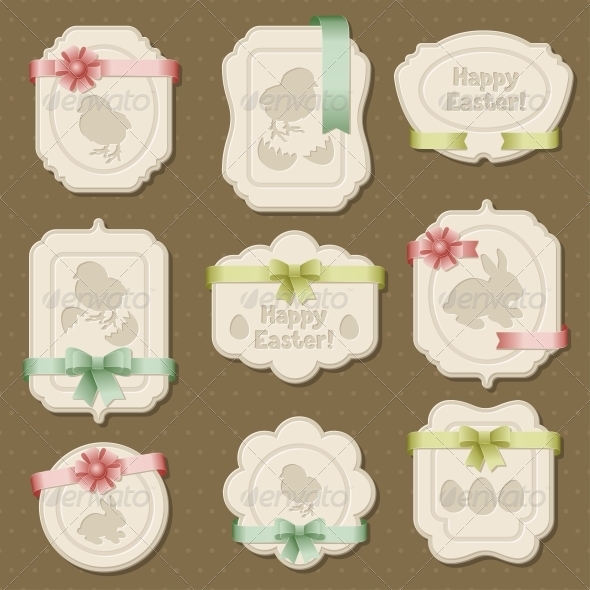 Set of Easter Labels, Tags with Bows and Ribbons - Borders Decorative