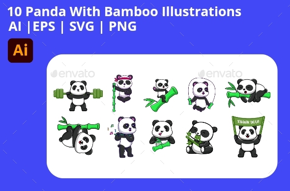 Panda With Bamboo Illustrations