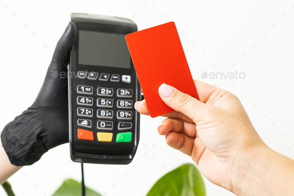 Pay money credit card for spending money with Payment machine. Copy space and empty place for