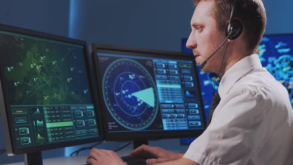 Workplace of the professional air traffic controller in control tower. Aircraft control officer. alt