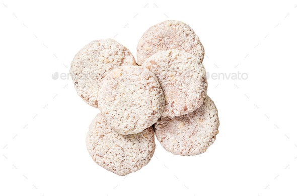 Raw chicken patty cutlet with breadcrumbs. Isolated on white background, top view.