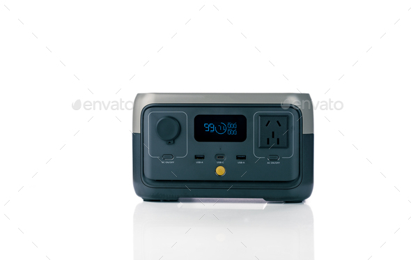 Portable power station or power box isolated on white background. On-the-Go energy solution. Power