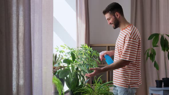Happy Man Spraying Houseplant with Water at Home