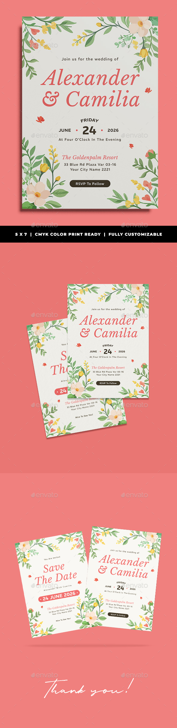 Campas Floral Wedding Invitation Template