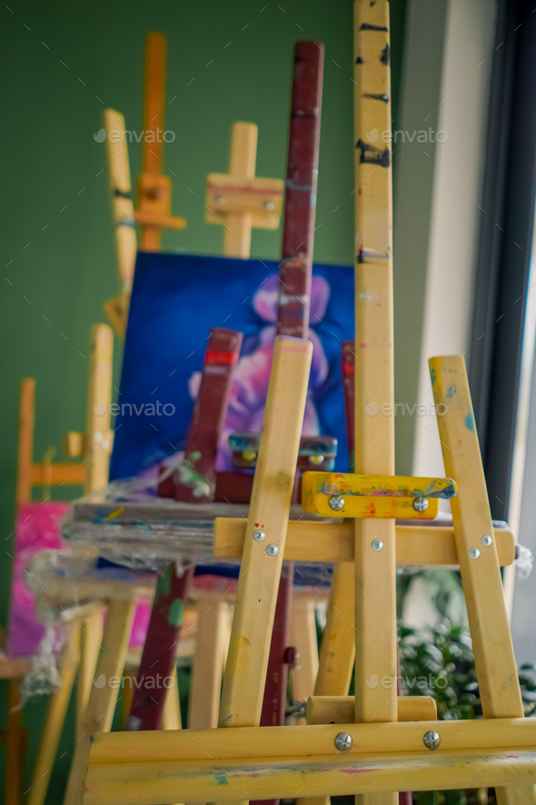 A close-up of easel for painting that stands in the studio concept