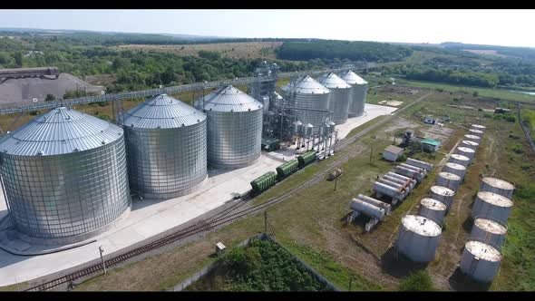 Metal Grain Elevator. Aerial view of metal grain elevator in agricultural zone alt